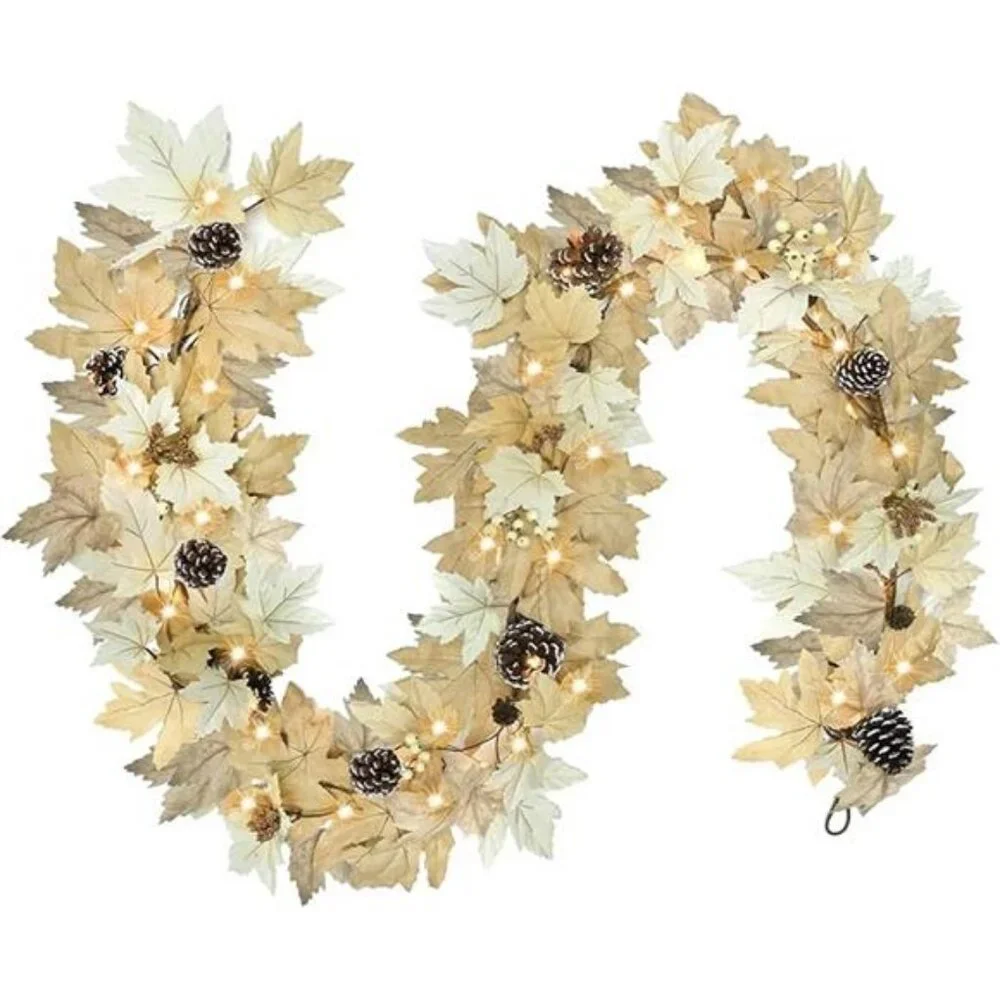 6 FT Realistic Fall Garland with Lights Timer Function Fall Leaves Maple